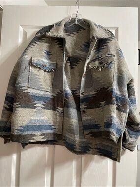 Men's Patterned Aztec Overshirt Jacket - Gray & Blue